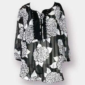 Cato Black White Blouse Faux Suede Gold Studs Detail Tie Size 14-16W